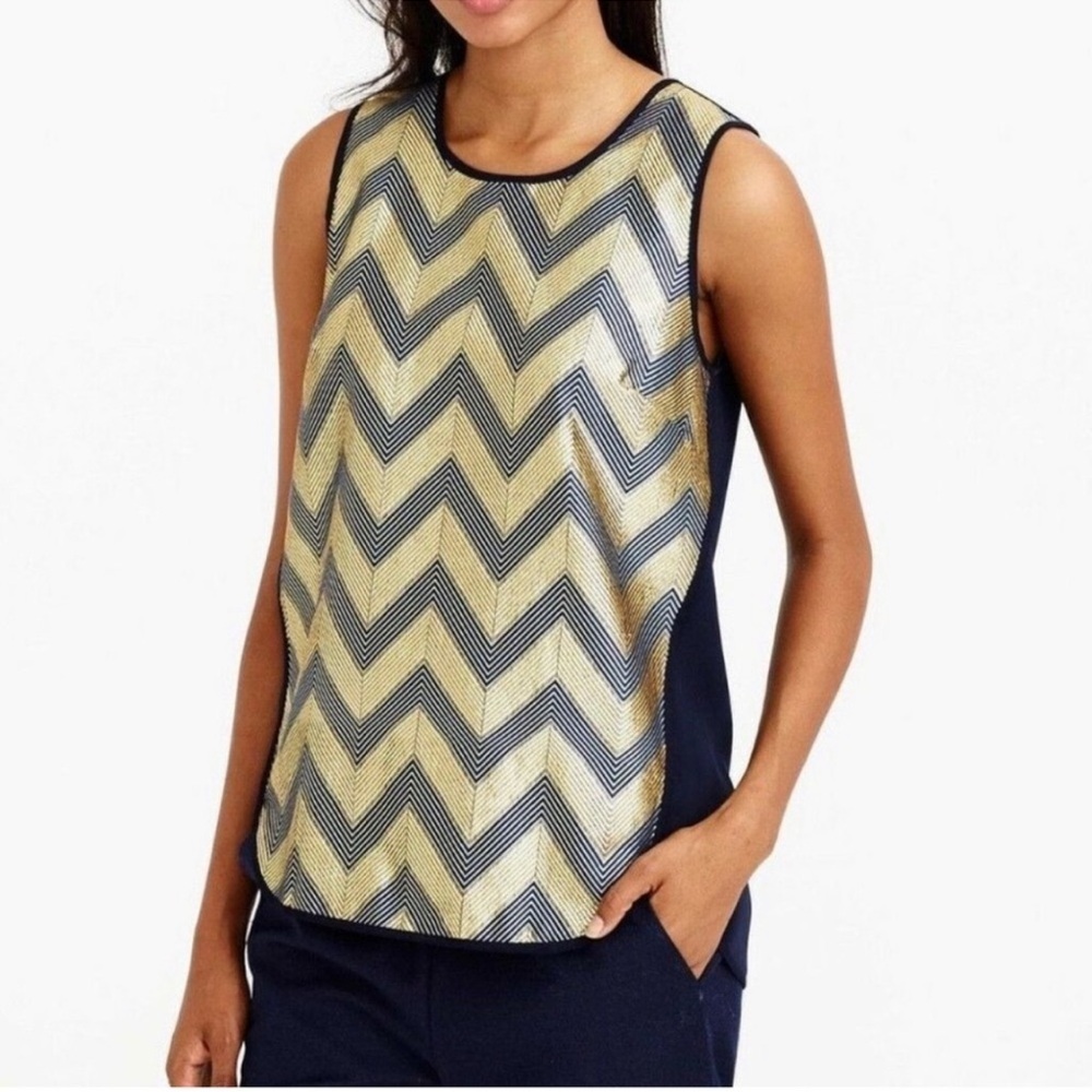 J. CREW Metallic Gold Navy Blue, Sleeveless Chevron Print Design Blouse Top SZ 0
